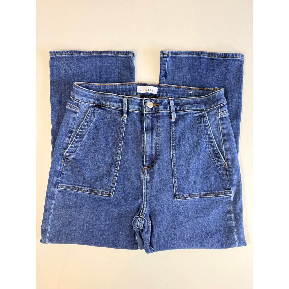 Loft Curvy High Rise Kick Crop Jeans Size 32/14 Medium Wash Blue Flare Stretch - Picture 9 of 12
